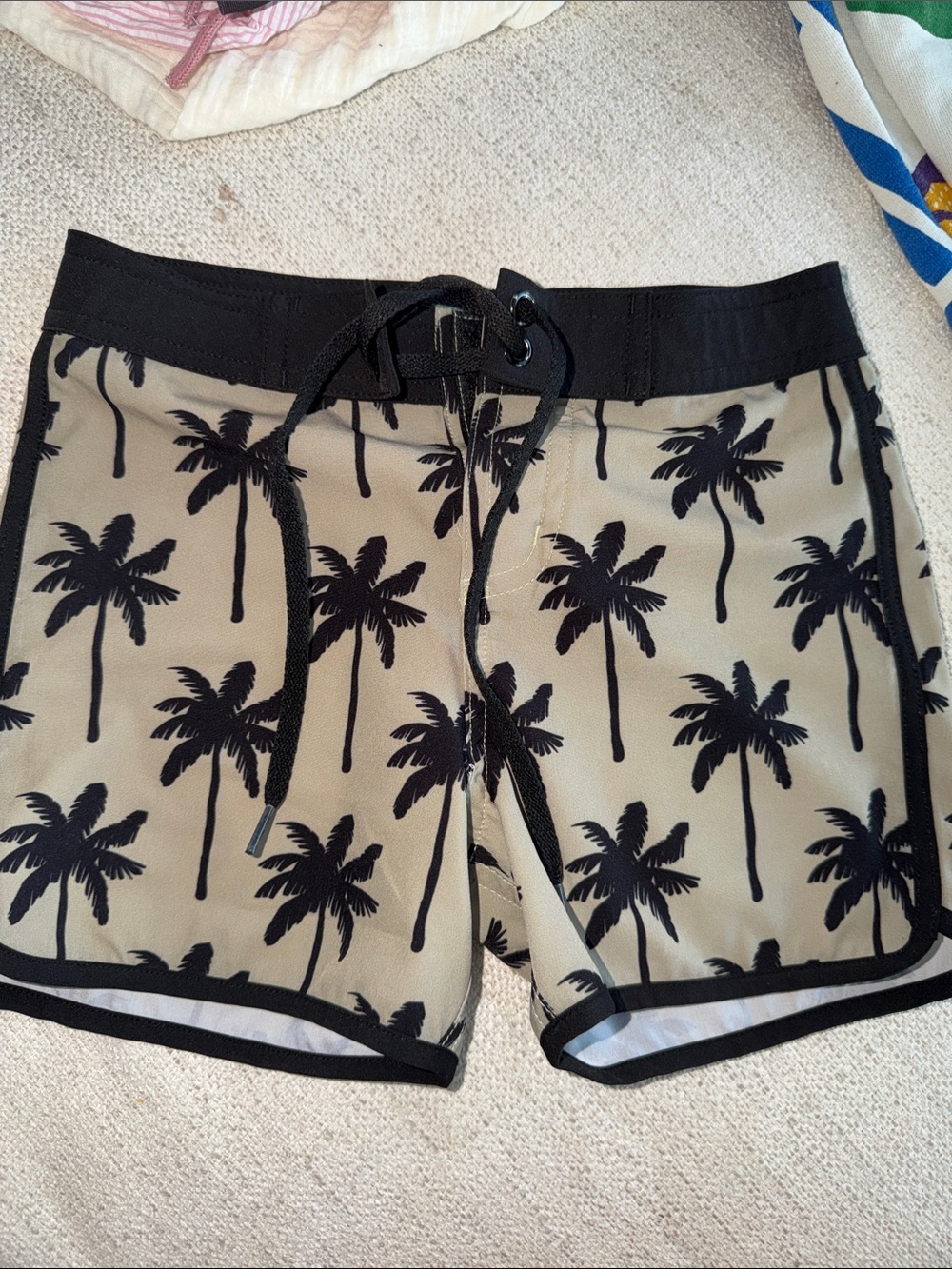 Toddler Boys Palm-Print Swim Shorts in Tan with Black Trim